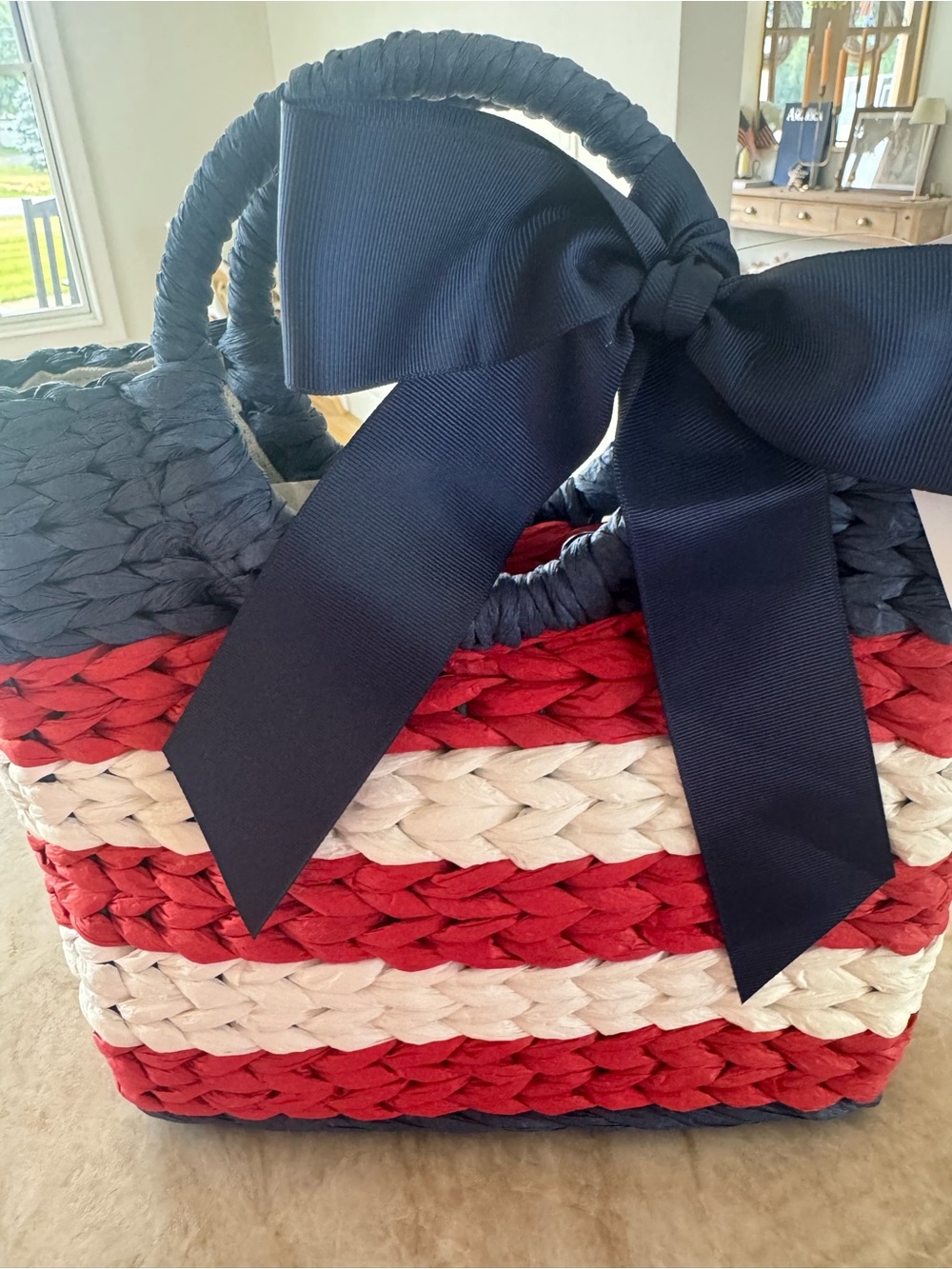 NWT Red White Blue Woven Straw Tote w/ Navy Bow Beach Bag